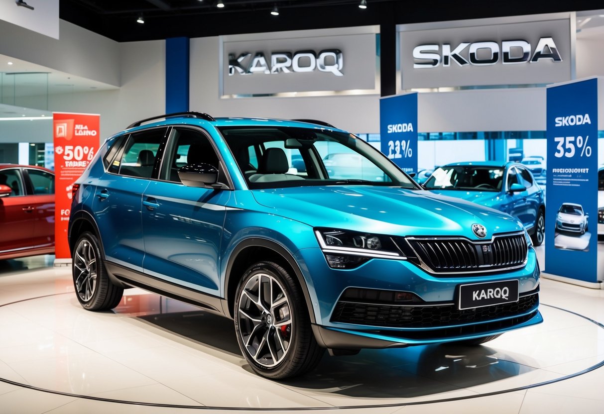 A sleek Karoq Limited Edition Skoda car on display at a Singapore showroom, with promotional banners and discounts advertised