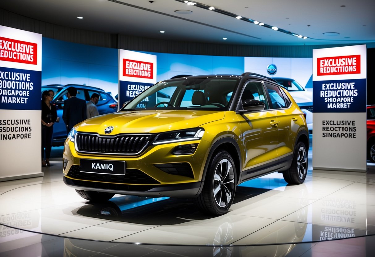 A sleek Skoda Kamiq sits in a showroom, surrounded by promotional signs advertising exclusive price reductions for the Singapore market