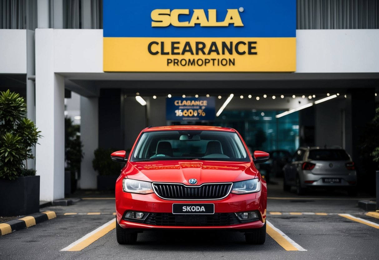 A red Skoda car parked in front of a Scala Clearance Bargain promotion sign in Singapore