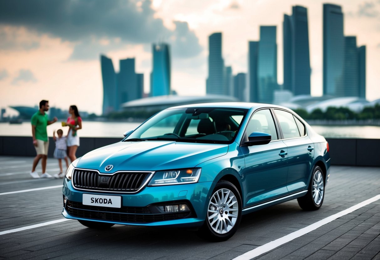 A sleek Skoda car parked in front of a modern Singaporean cityscape, with a family enjoying a day out in the background