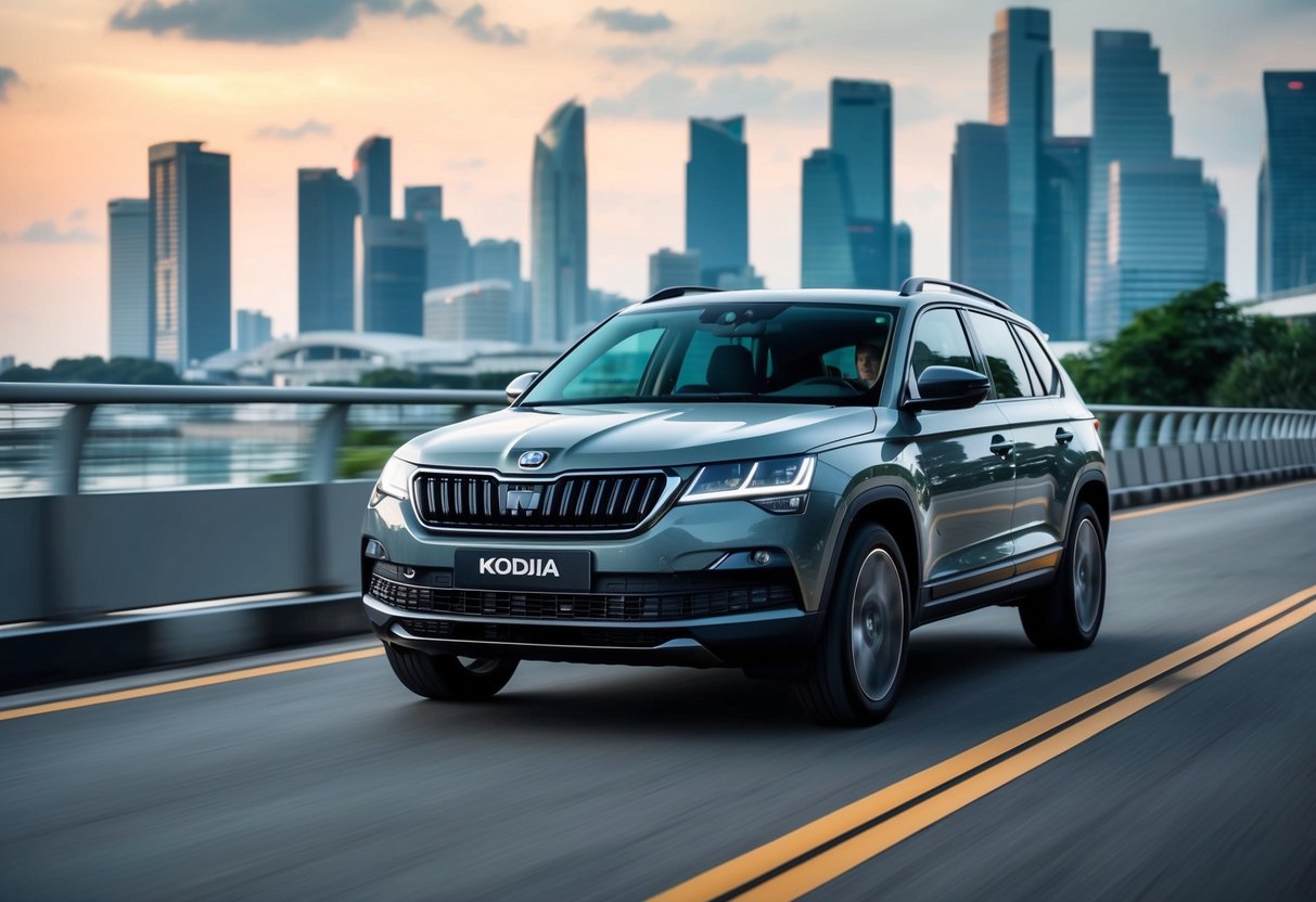 A Skoda Kodiaq Adventure Pack car driving through urban Singapore, with city skyline in the background
