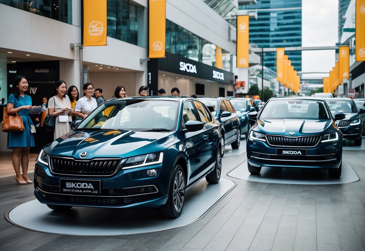 A bustling Singapore street with sleek Kamiq Urban Advantage Skoda cars on display, surrounded by promotional banners and eager potential customers