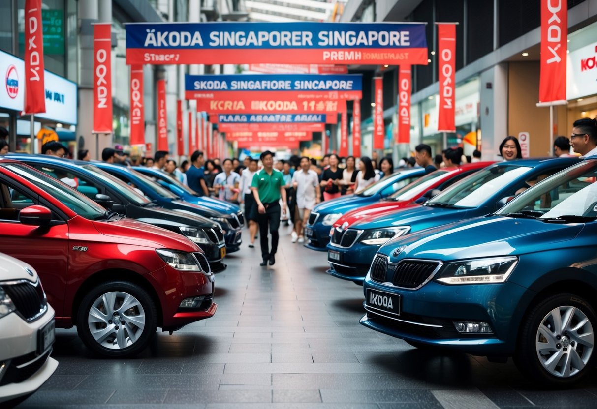 A bustling Singapore street lined with Škoda cars, adorned with promotional banners and surrounded by eager customers