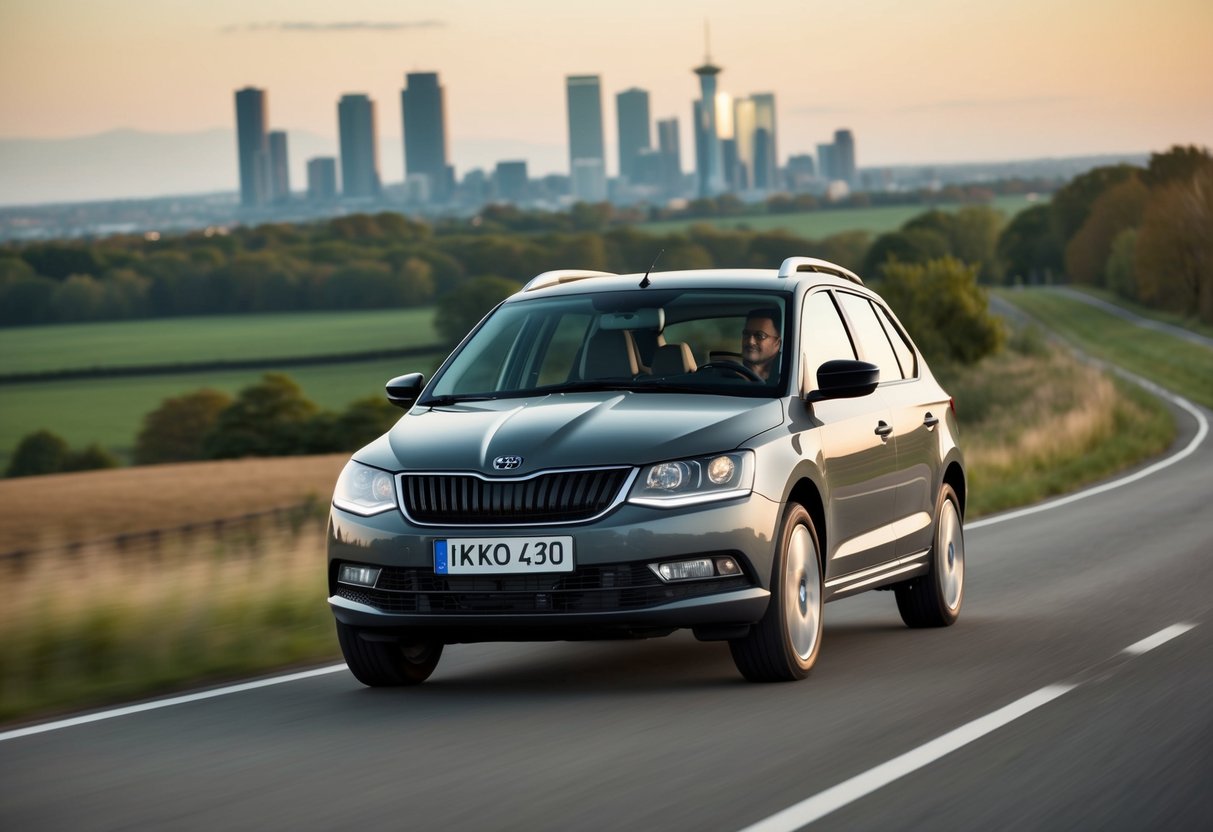 A family driving a Škoda car through a scenic countryside, with a city skyline in the background, showcasing the comfort and versatility of the vehicle