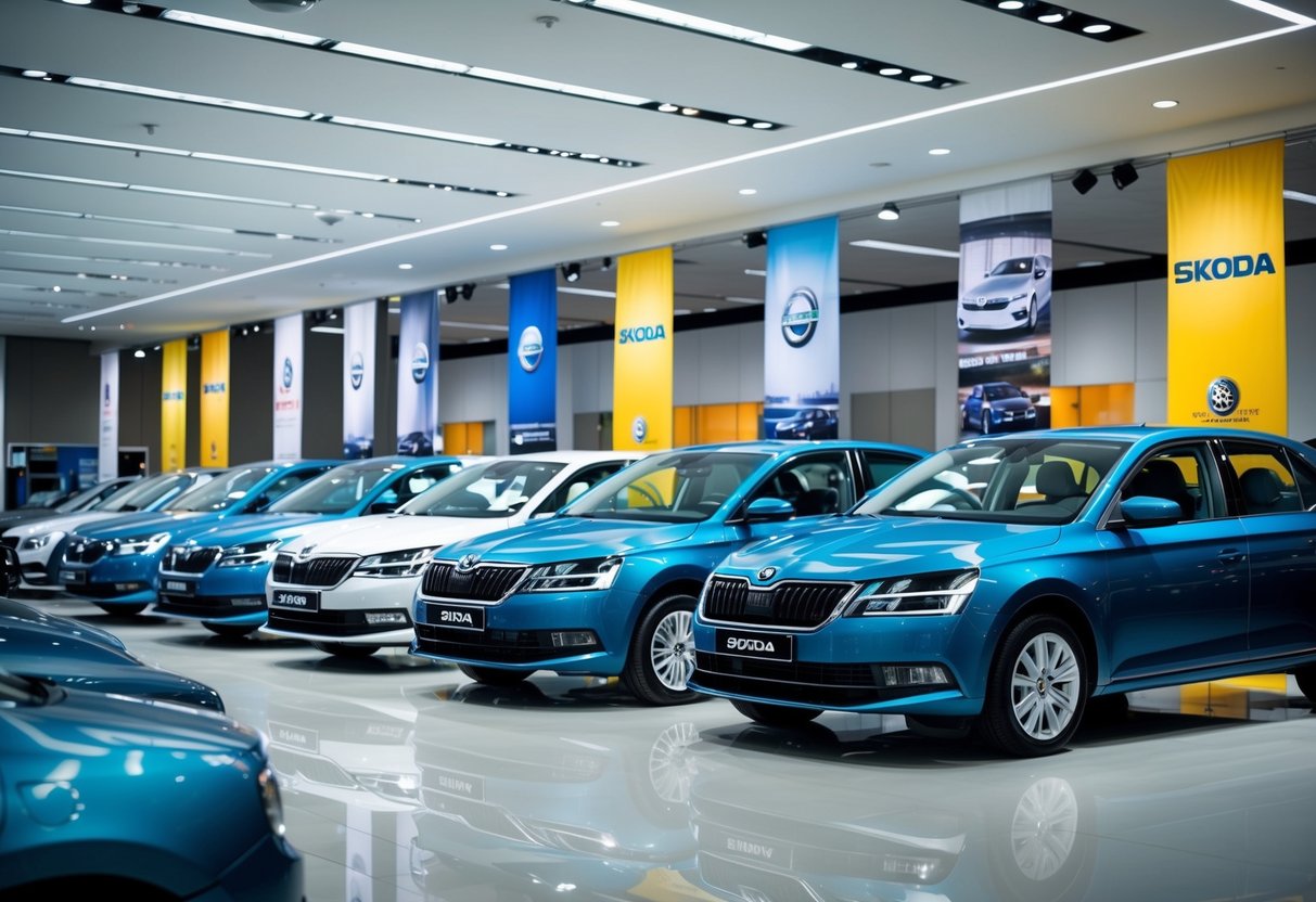 A lineup of Skoda cars with promotional banners in a Singapore showroom