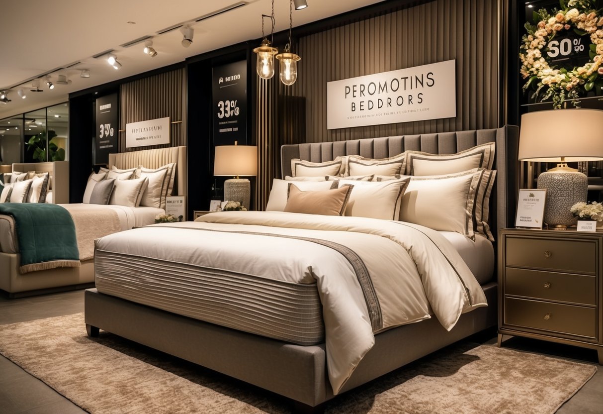 A cozy bedroom with luxurious beddings and bed linens displayed in a Singaporean store, with promotional signs and discounts