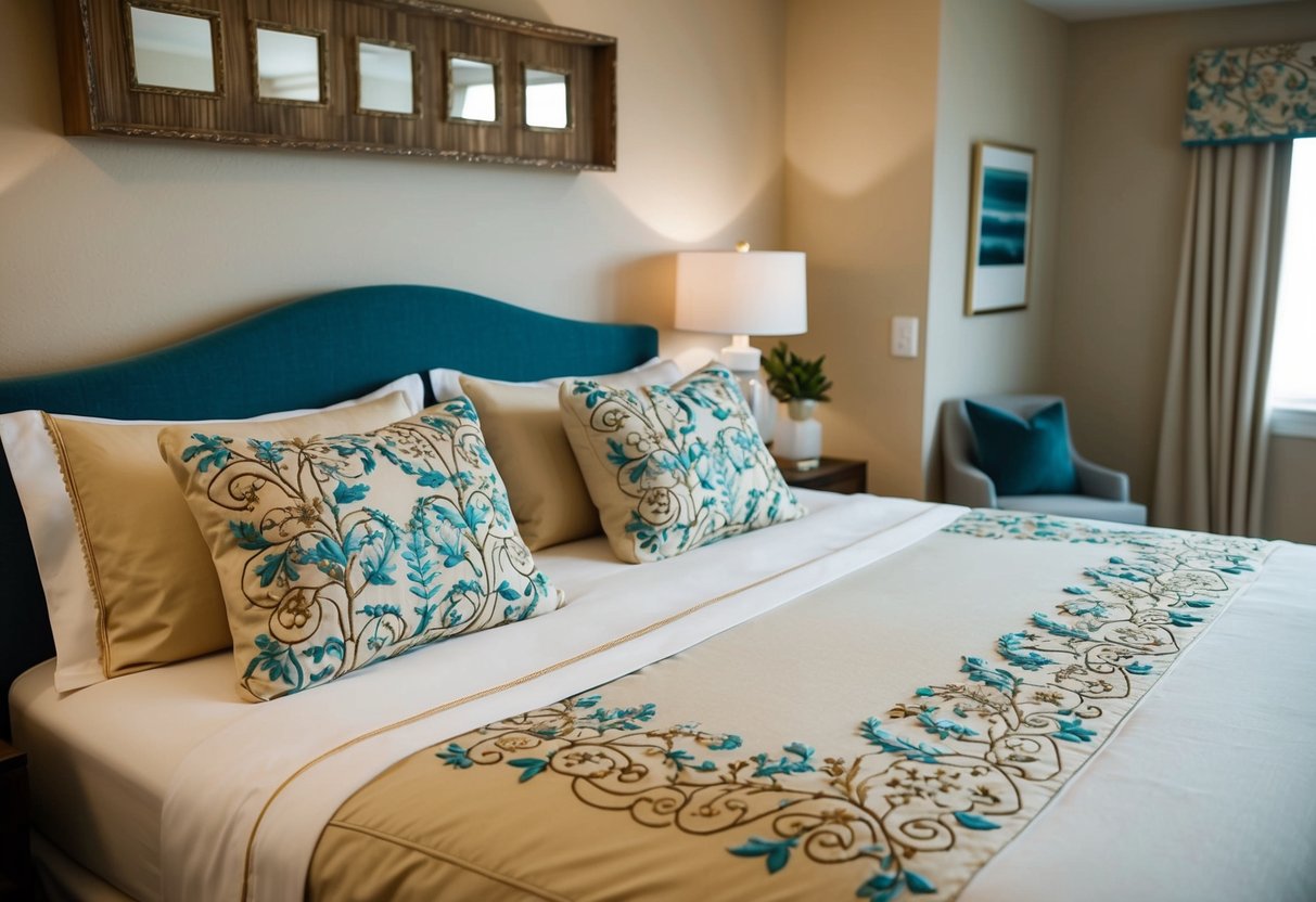 A cozy bedroom with Laura Ashley embroidered sheets on a neatly made bed, surrounded by soft pillows and a warm, inviting atmosphere