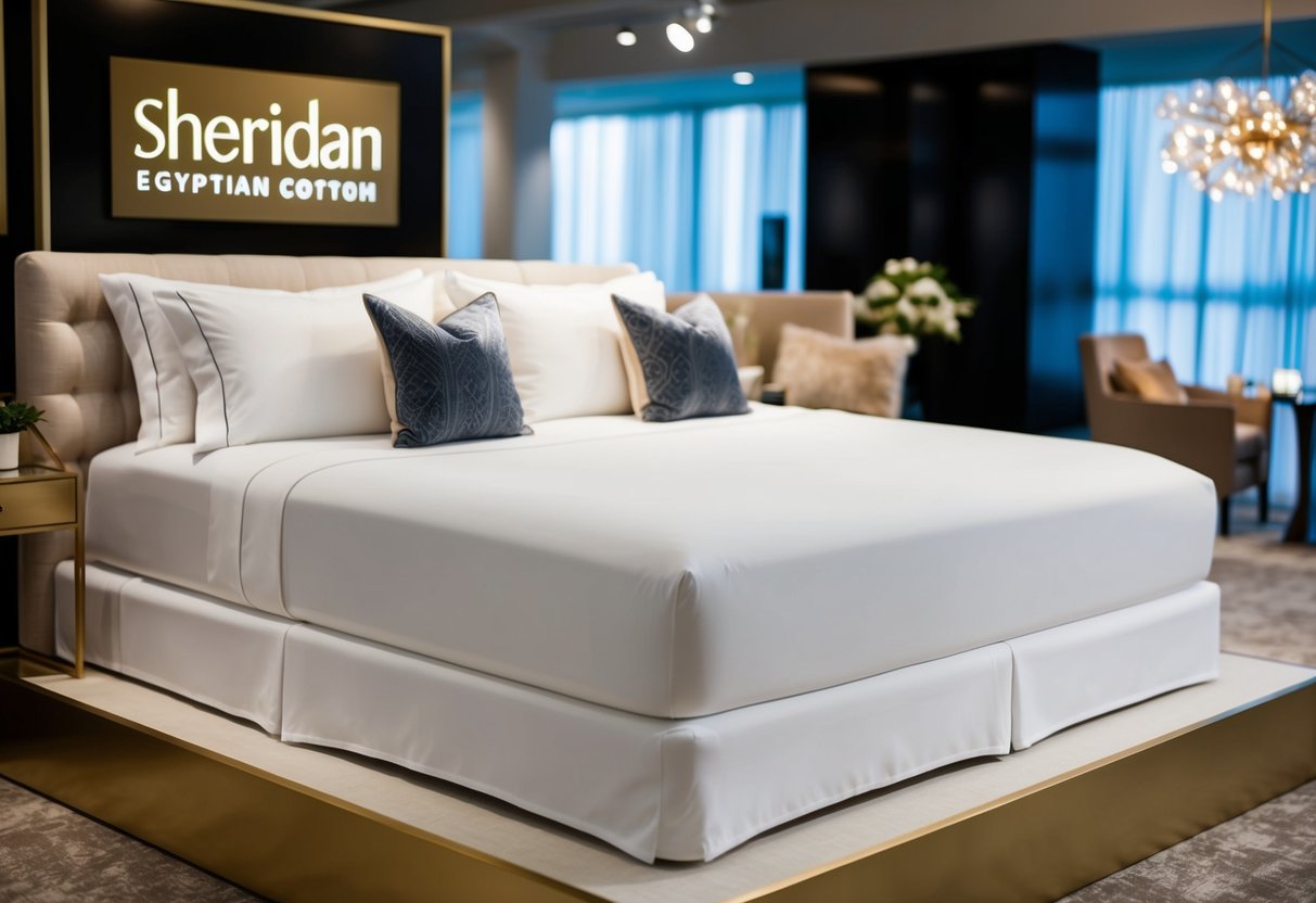 A luxurious bed with crisp, white Sheridan Egyptian cotton fitted sheets, surrounded by plush pillows and a cozy comforter, displayed in a promotional setting in Singapore
