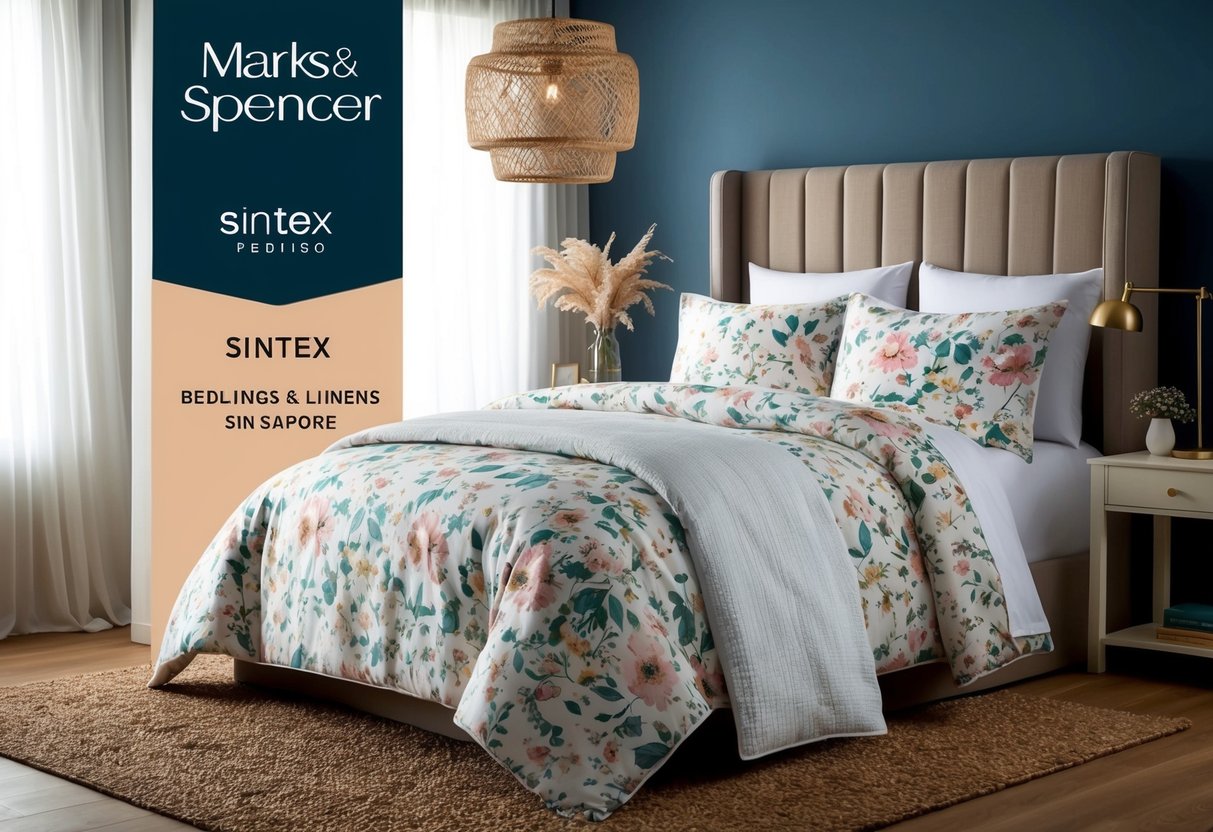 A cozy bedroom with a floral duvet set from Marks & Spencer, displayed as part of a promotion for Sintex beddings and bed linens in Singapore