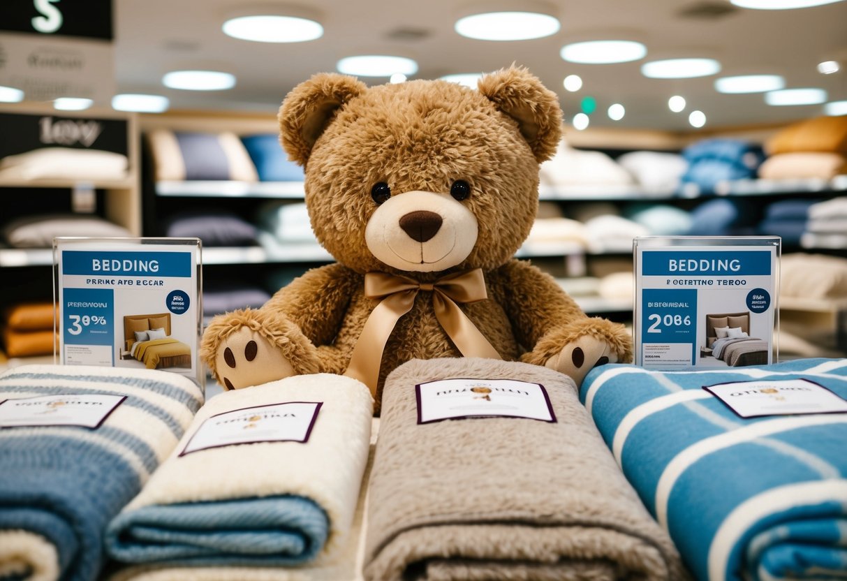 A cozy teddy bear throw blanket displayed with bedding promotions in a Singapore store