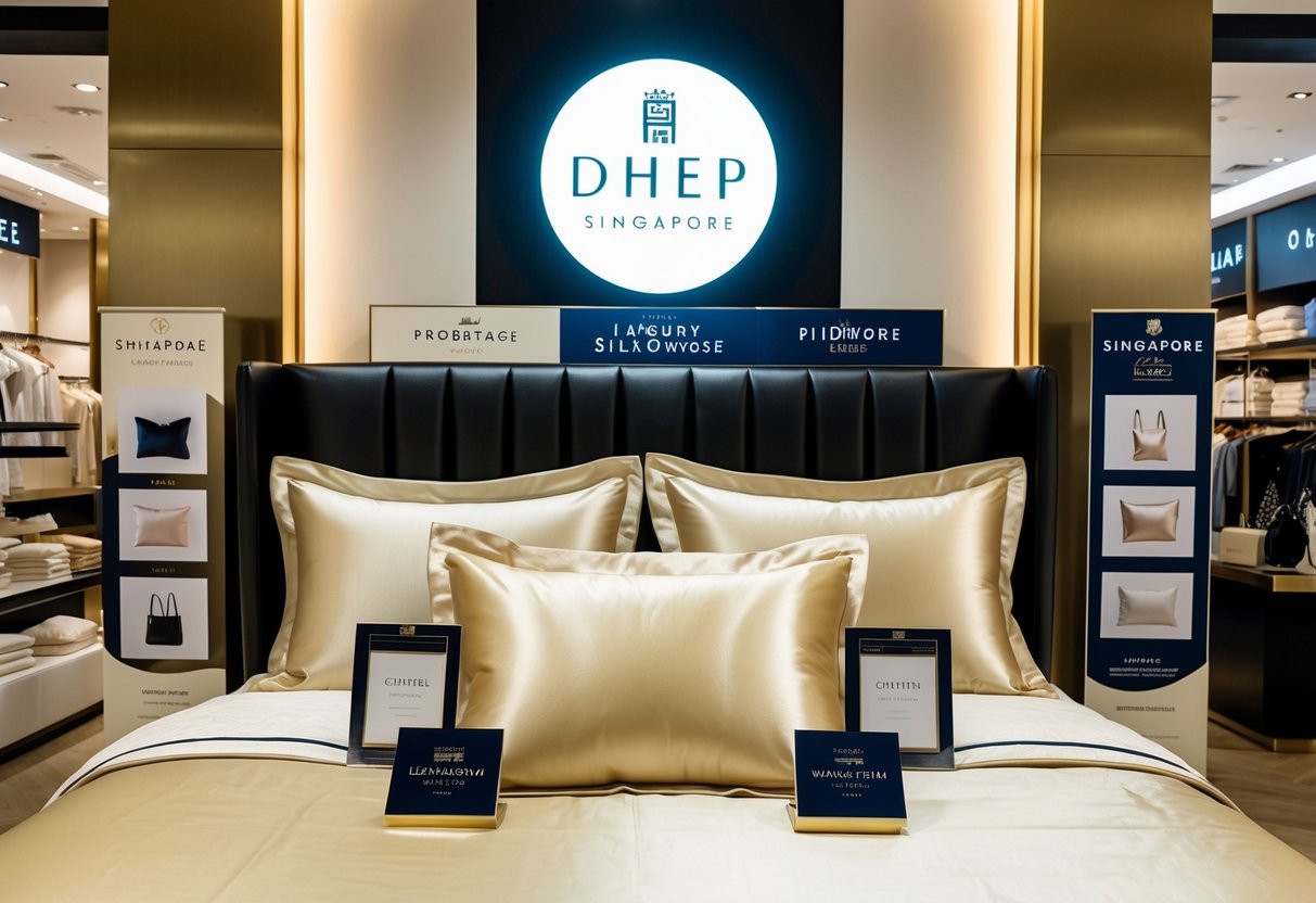 A luxurious silk pillowcase displayed on a bed with stylish bedding, surrounded by promotional signage in a Singapore store
