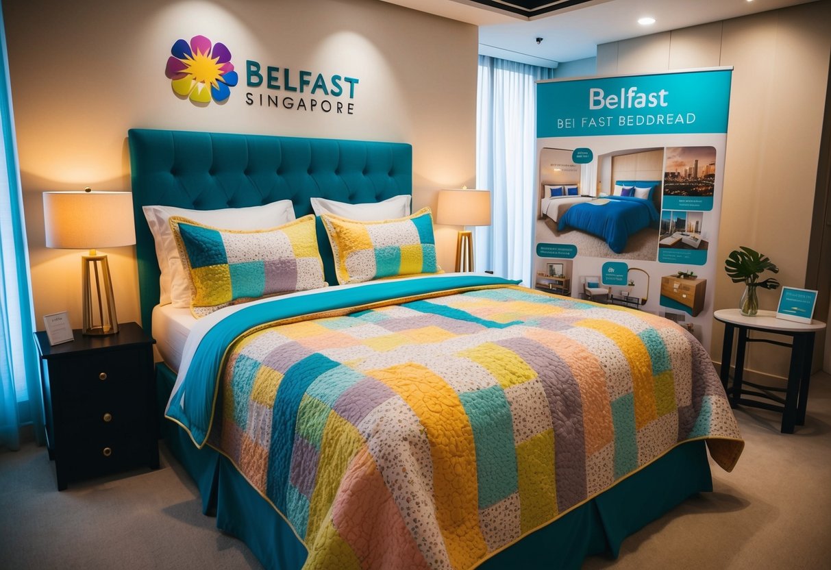A cozy bedroom with a colorful Bedeck of Belfast bedspread and matching beddings, displayed as part of a promotion in Singapore