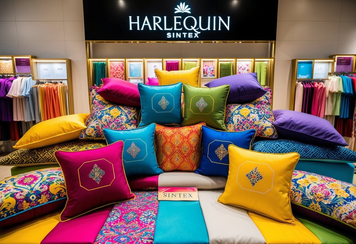 A vibrant display of Harlequin colorful cushions and Sintex beddings and bed linens in a Singaporean promotion