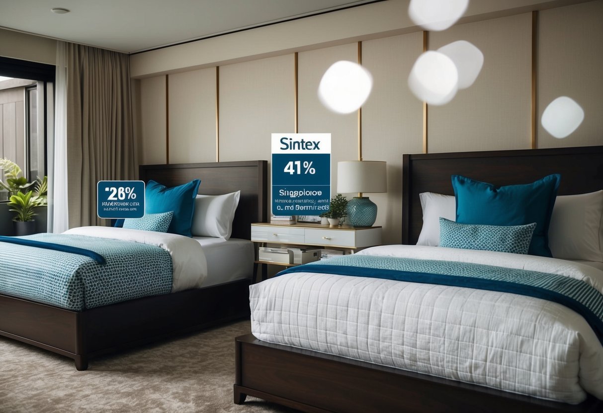 A cozy bedroom scene with Sintex beddings and bedlinens displayed in a Singaporean home, with promotional offers highlighted