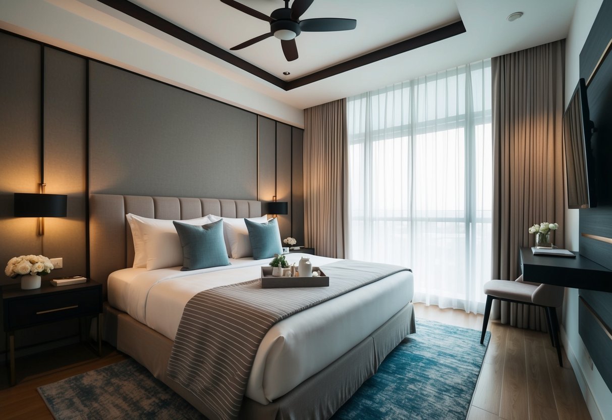 A cozy bedroom with a neatly made bed adorned with luxurious Sintex beddings and bedlinens in a stylish and modern Singaporean setting