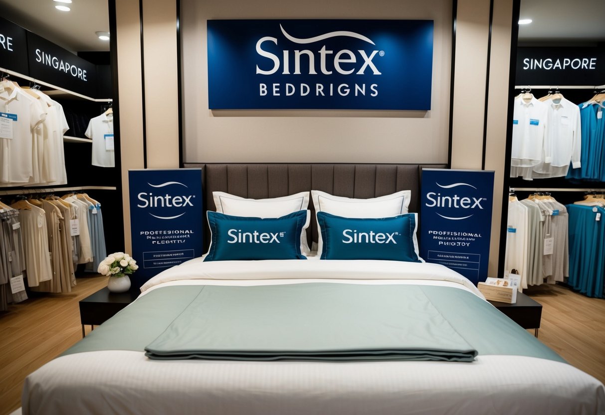 A cozy bedroom with a neatly made bed, adorned with luxurious Sintex beddings and bed linens, surrounded by promotional signage in a Singaporean store
