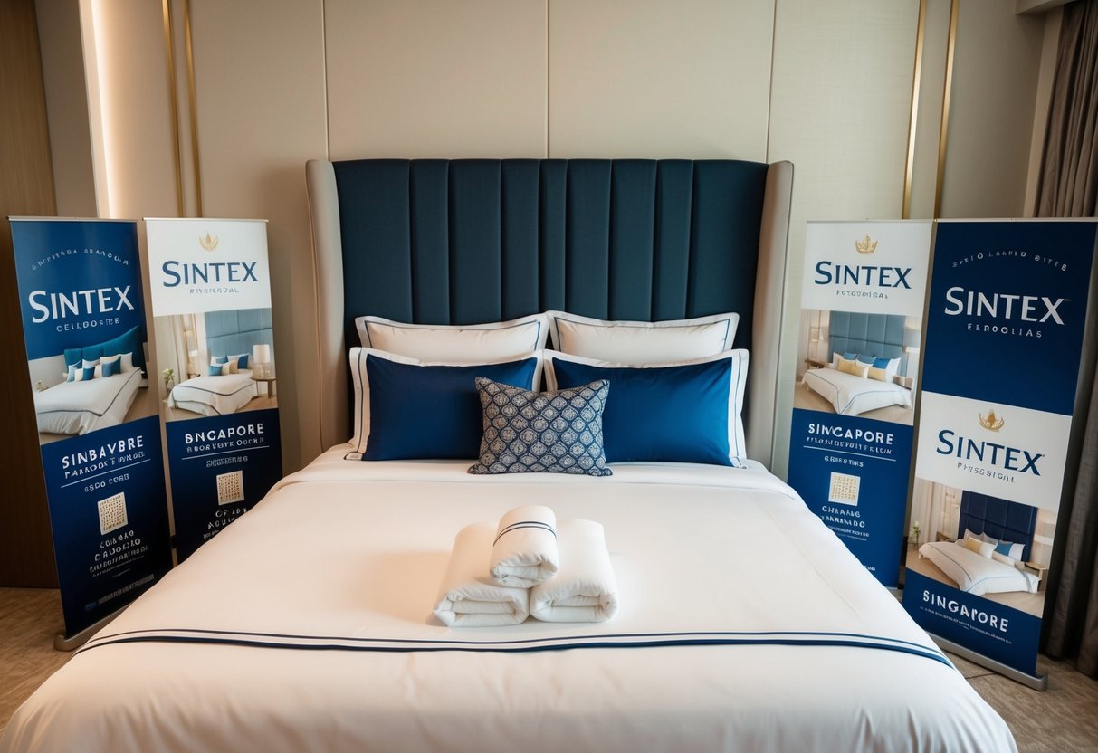 A cozy bedroom with a neatly made bed adorned with luxurious Sintex beddings and bedlinens, surrounded by promotional materials in Singapore