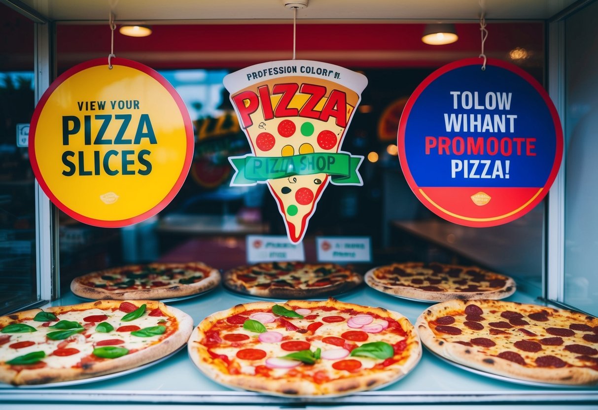 A colorful pizza shop window display with various pizza slices and promotional signs