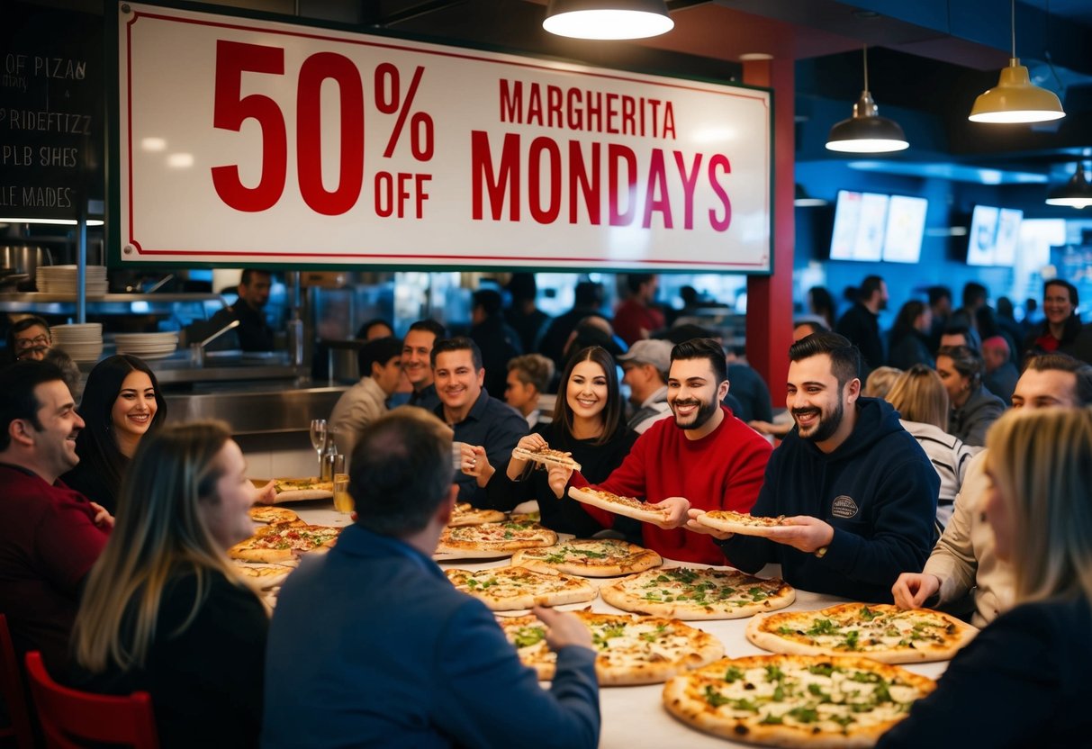 A bustling pizzeria with a large sign advertising "50% off Margherita Mondays" and a crowd of happy customers enjoying their discounted pizzas
