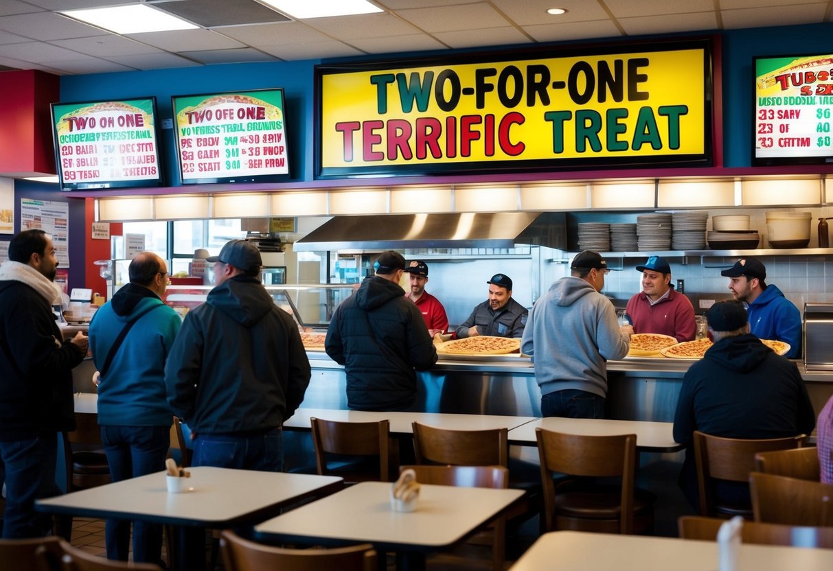 A bustling pizzeria with a colorful sign advertising "Two-for-One Tuesday Terrific Treat" promotions. Customers line up at the counter while others enjoy their slices at tables