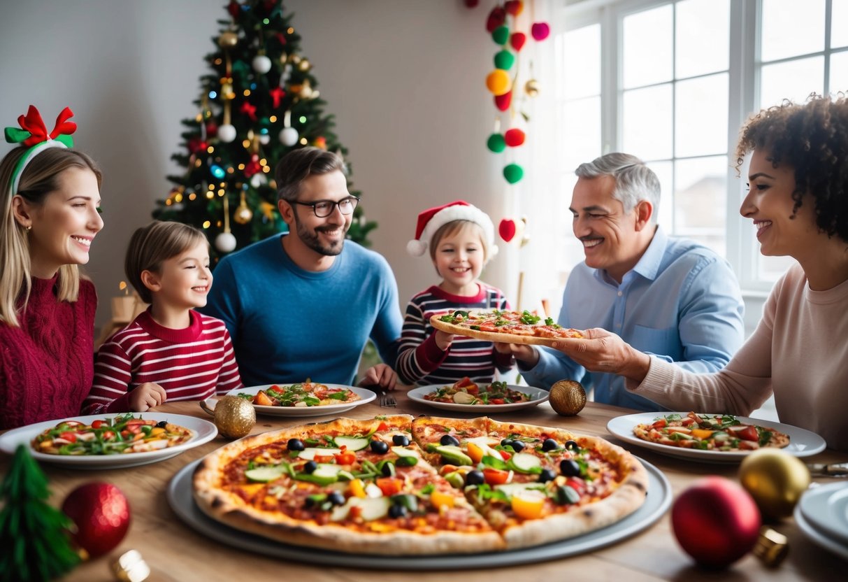 A large, steaming pizza surrounded by colorful toppings and a happy family enjoying a meal together at a table adorned with festive decorations