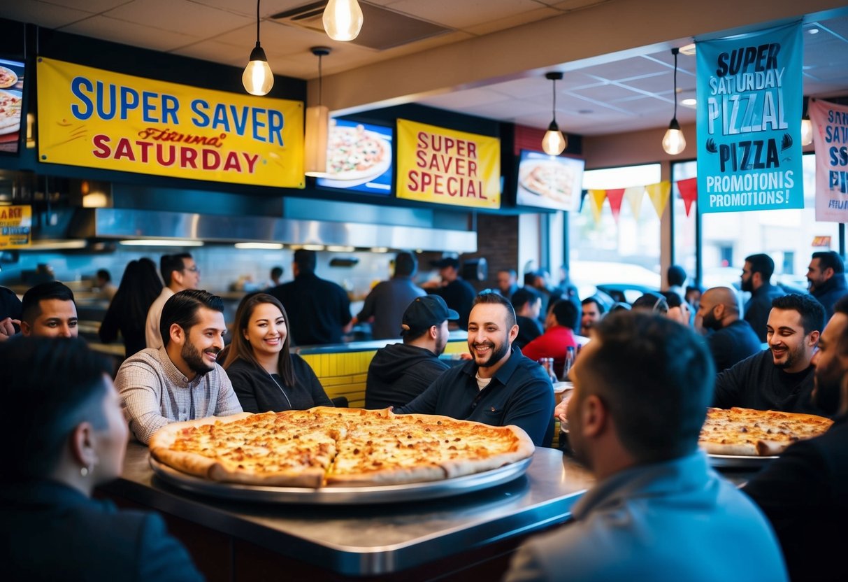 A bustling pizzeria with colorful banners and a crowd of customers enjoying Super Saver Saturday Special pizza promotions