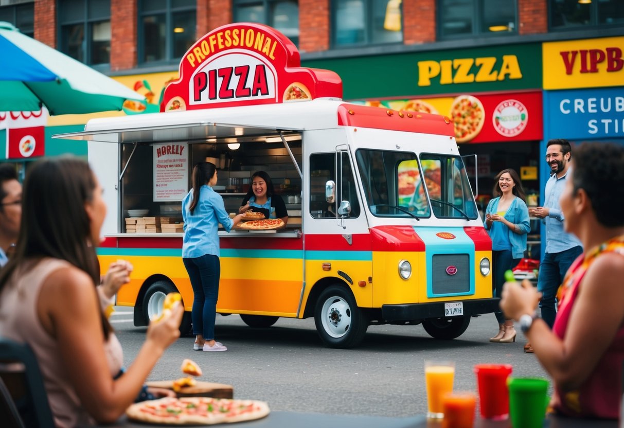 A colorful pizza truck surrounded by happy customers and vibrant signage