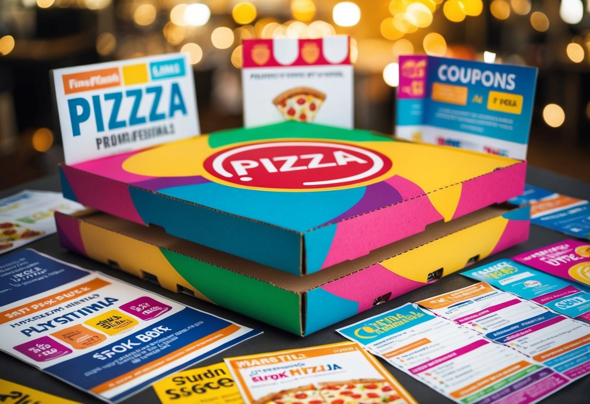 A colorful pizza box surrounded by various marketing materials and promotional items, such as flyers, coupons, and banners, creating an eye-catching display