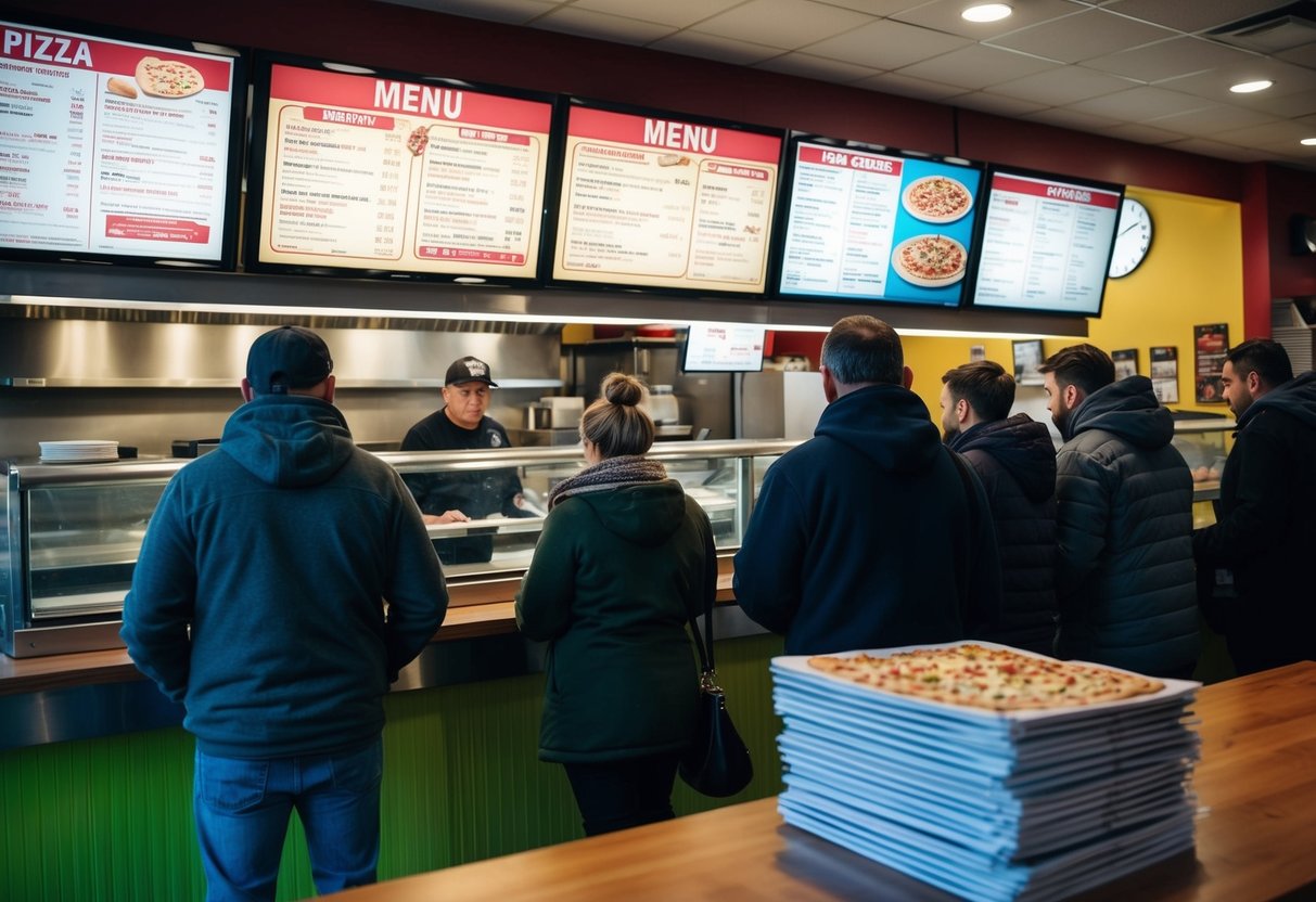 A pizza shop with a line of customers, a large menu board, and a stack of promotional flyers