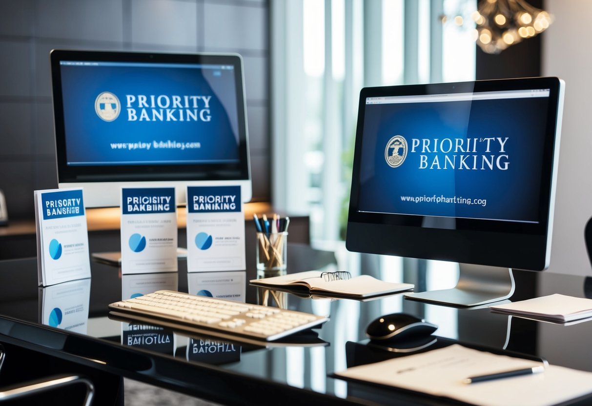 A luxurious office setting with a sleek desk and computer, adorned with promotional materials for priority banking