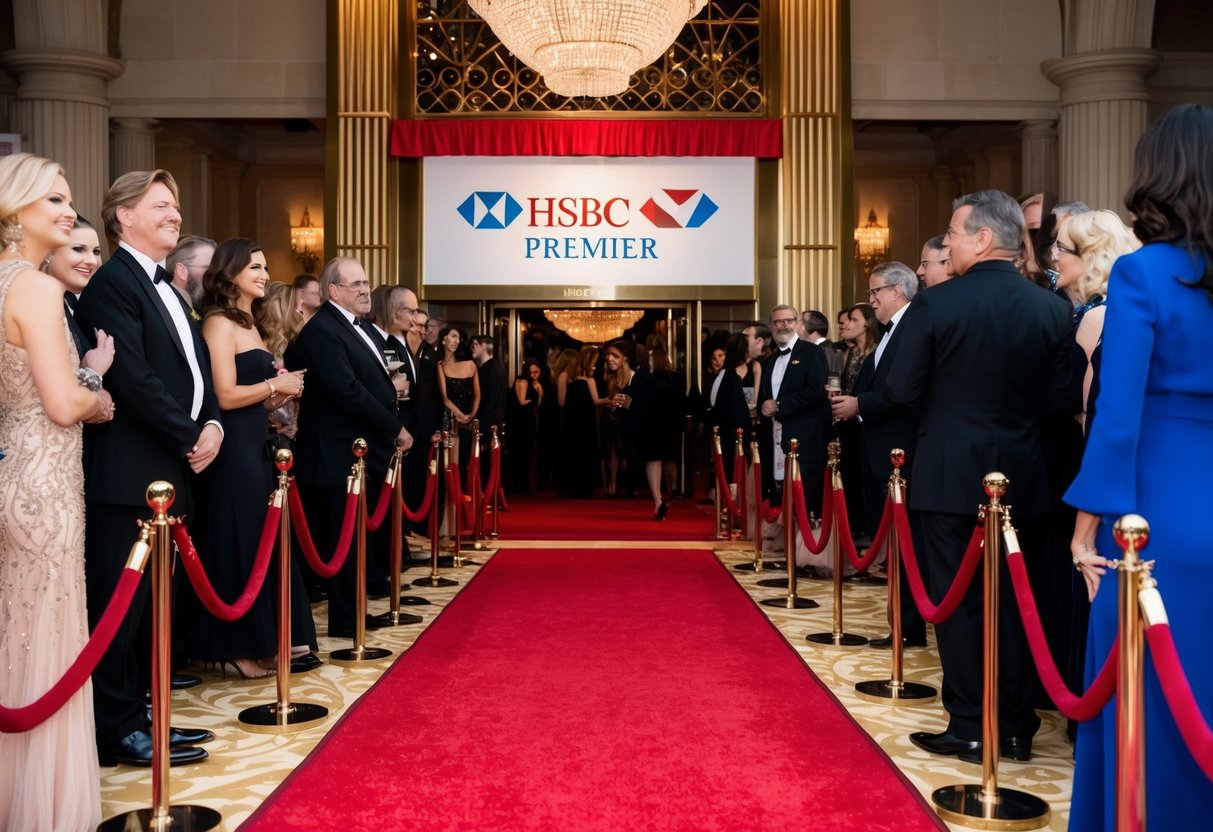 A luxurious red carpet event with velvet ropes and a grand entrance, adorned with the HSBC Premier logo and surrounded by a crowd of elegantly dressed individuals