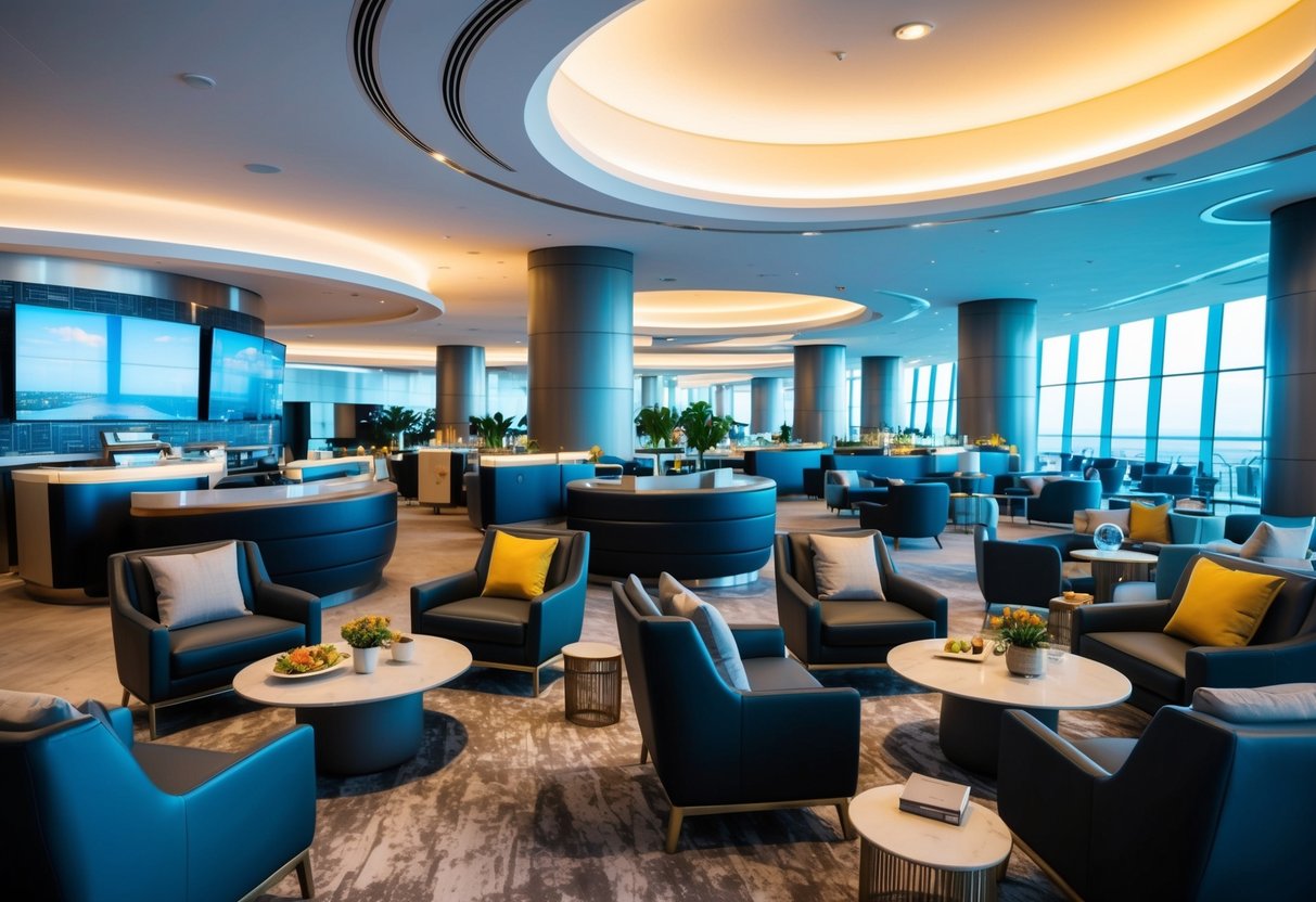 A luxurious airport lounge with modern decor, comfortable seating, and a variety of amenities such as food, drinks, and entertainment options