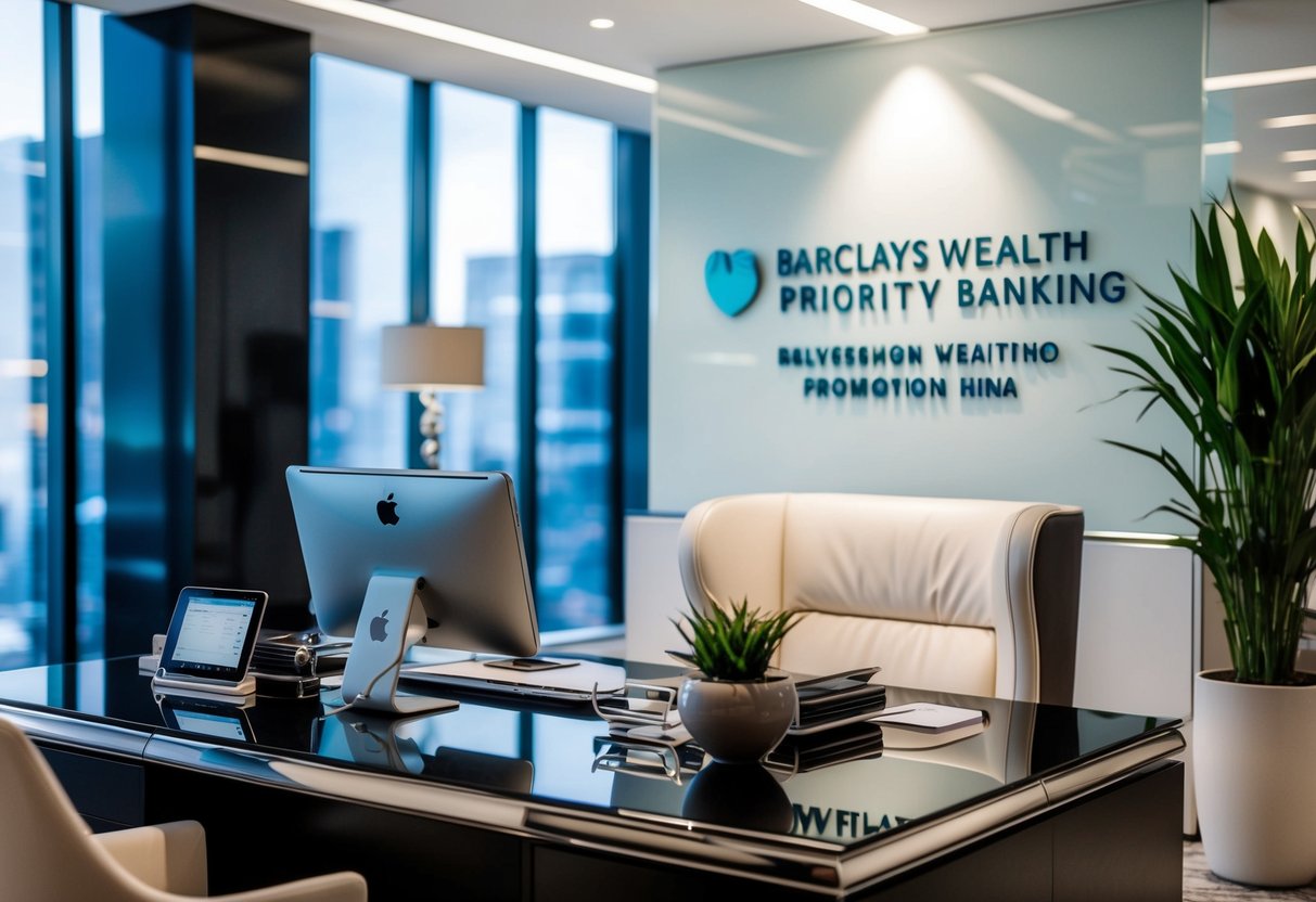 A luxurious office setting with a sleek desk, modern technology, and upscale decor, showcasing the professional environment of Barclays Wealth priority banking promotions