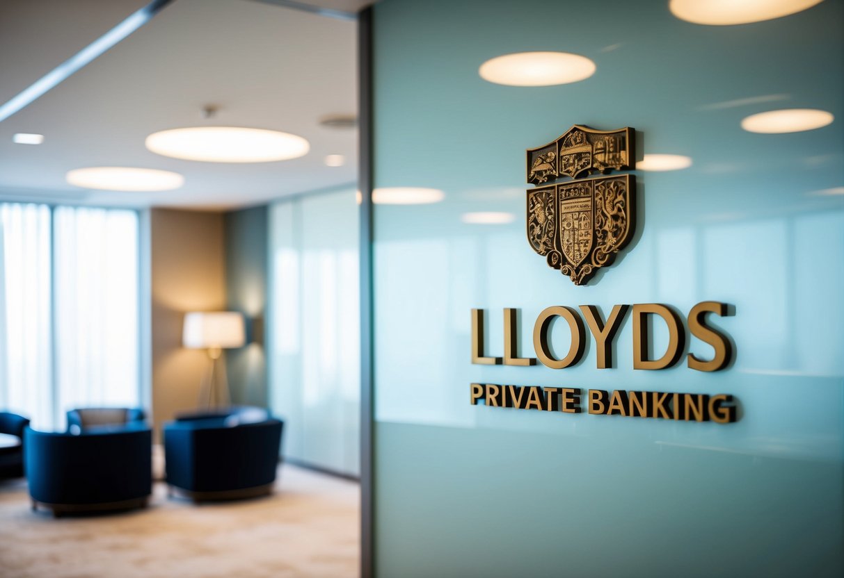 A luxurious office setting with a prominent Lloyds Private Banking logo, showcasing mortgage discounts and priority banking promotions