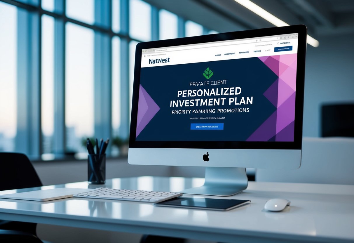 A sleek and modern office desk with a computer screen displaying a personalized investment plan from NatWest Private Client priority banking promotions