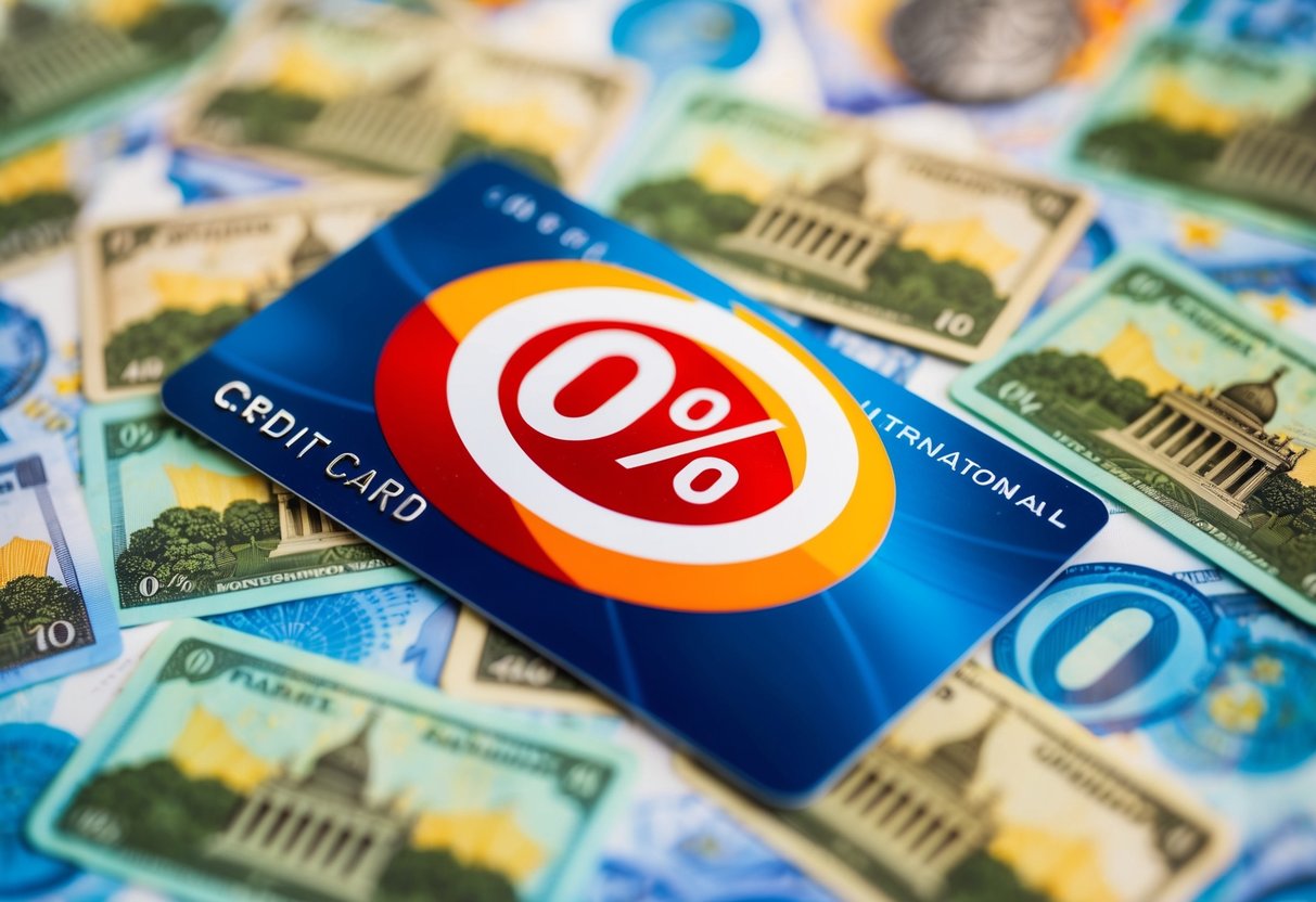 A credit card surrounded by international landmarks and currencies, with a "0%" symbol prominently displayed