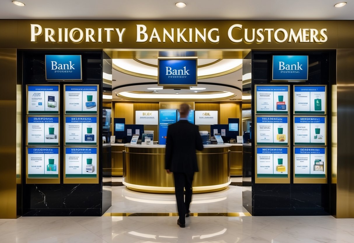 A luxurious bank setting with a prominent display of promotional materials and exclusive offers for priority banking customers