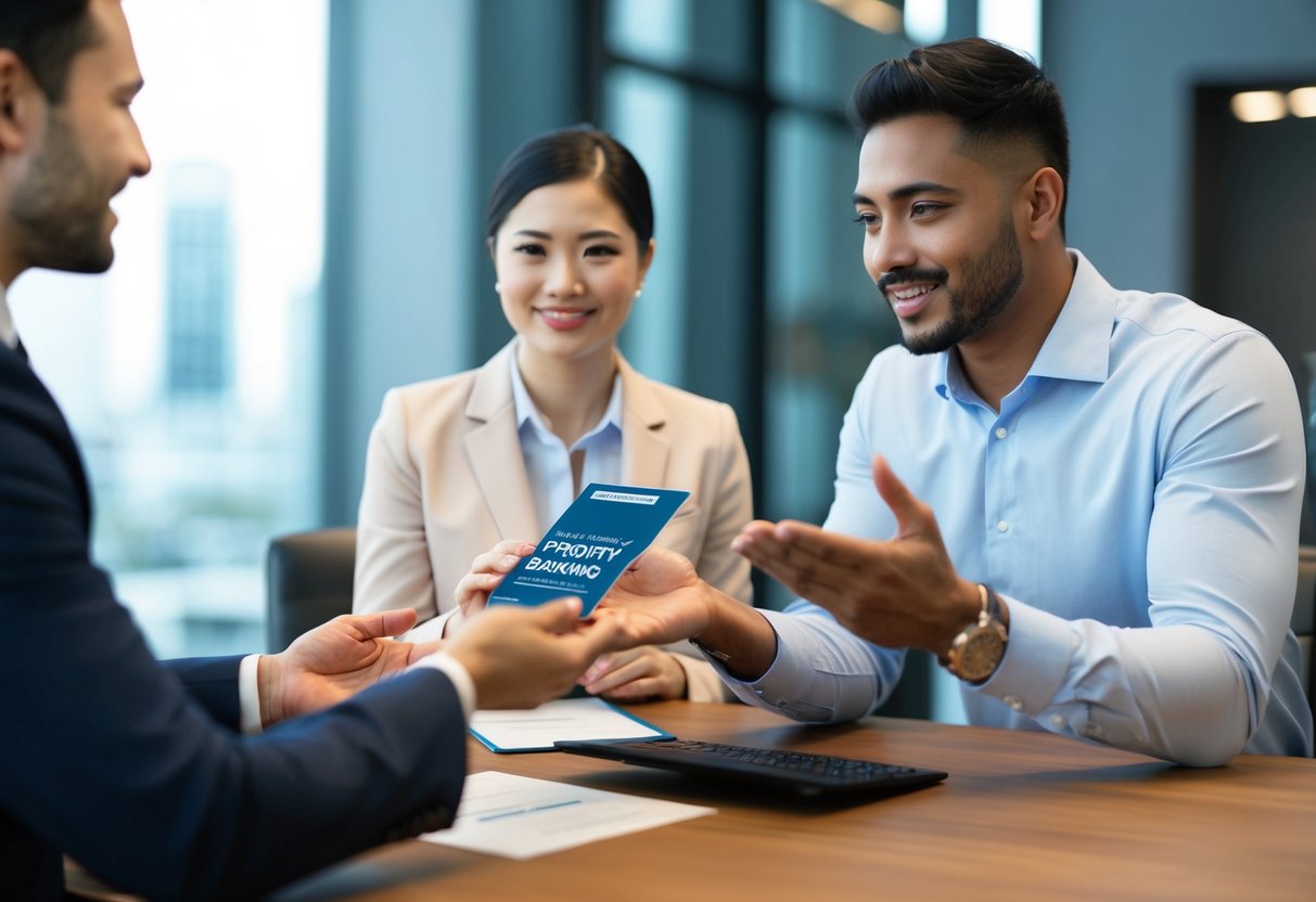 A person receiving priority banking perks, with a bank representative explaining the qualifications