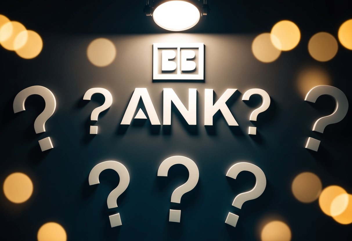 A bank logo surrounded by question marks, with a spotlight shining on it
