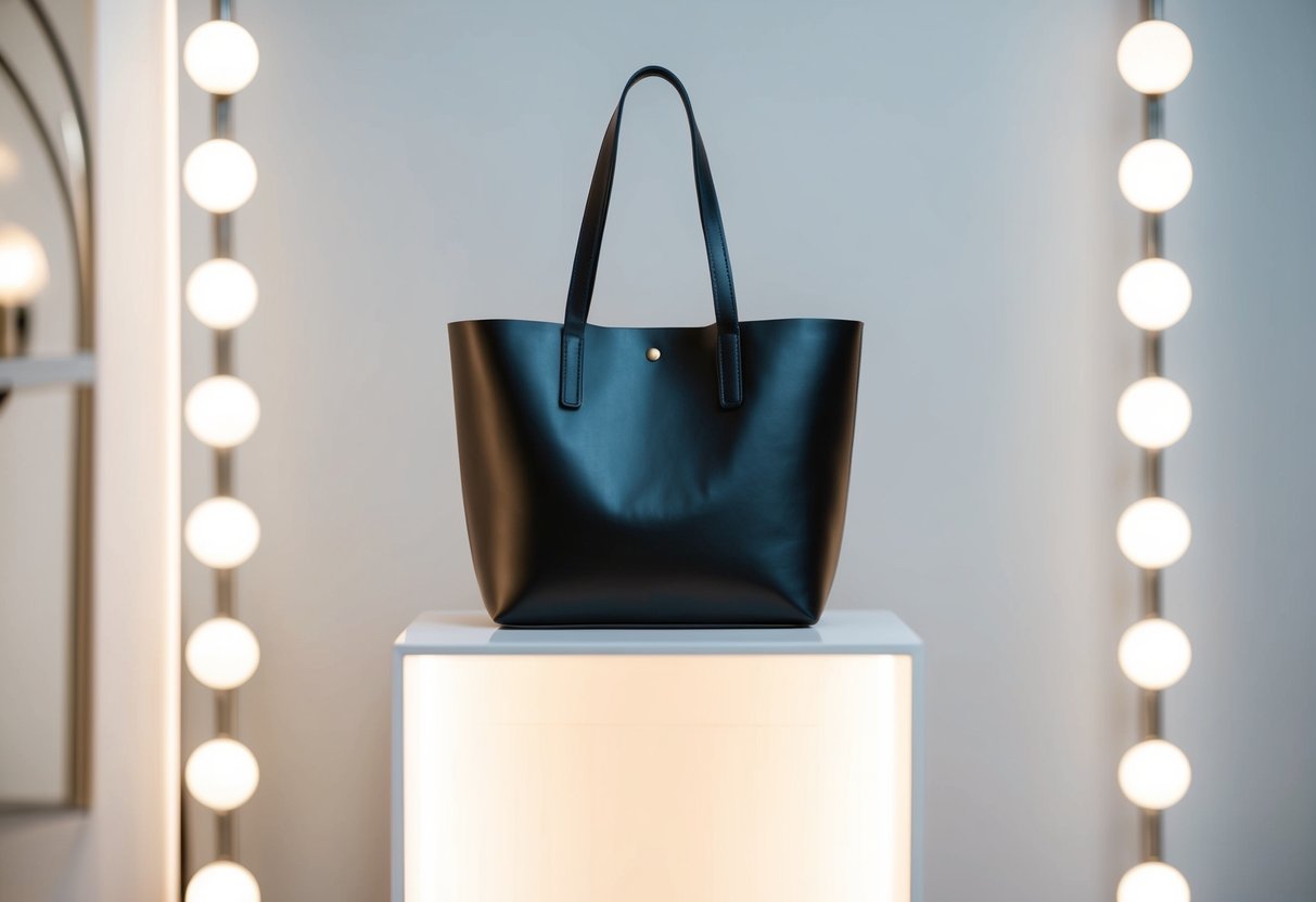 A sleek, modern tote bag sits on a pedestal, surrounded by soft lighting and minimalist decor