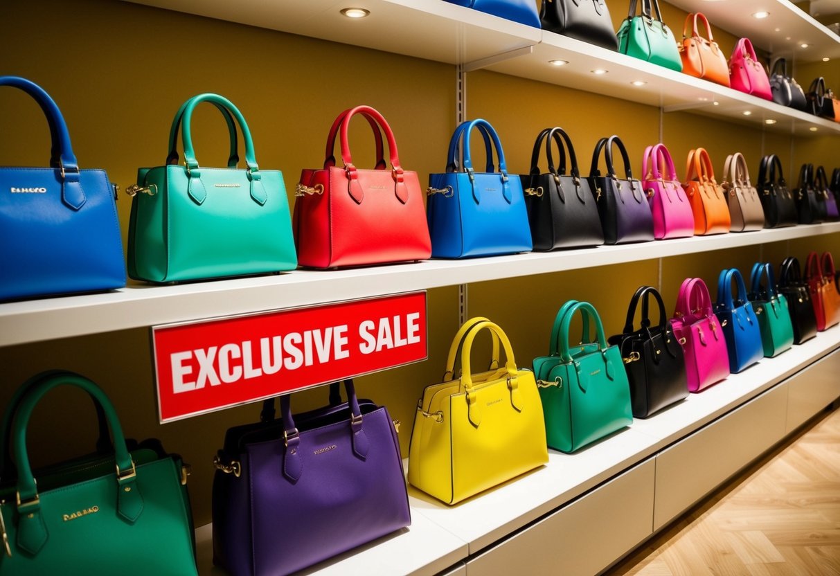A display of colorful Rabeanco handbags arranged neatly on shelves with a prominent "Exclusive Sale" sign