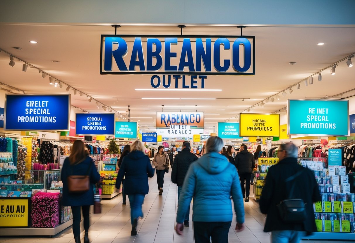 A bustling Rabeanco outlet store with colorful displays and signs promoting special promotions