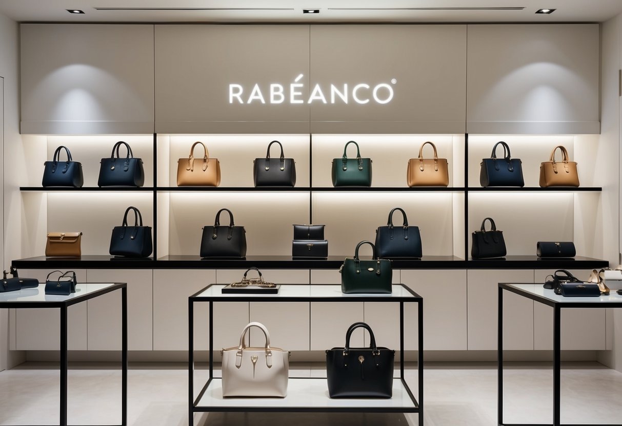 A display of Rabeanco's unique handbags and accessories showcased on sleek shelves and tables in a modern, minimalist boutique setting