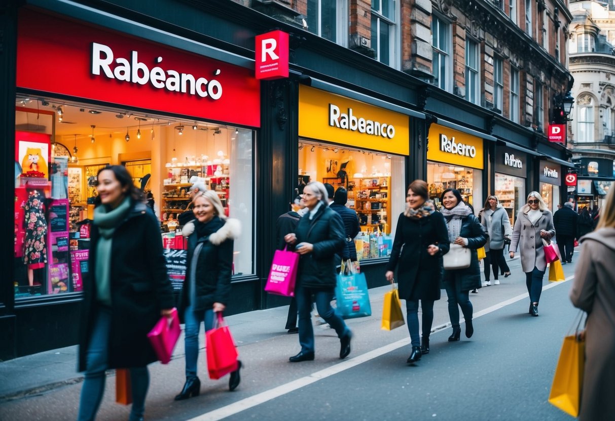 A bustling city street with vibrant storefronts, showcasing Rabeanco's latest promotions with eye-catching displays and enthusiastic shoppers
