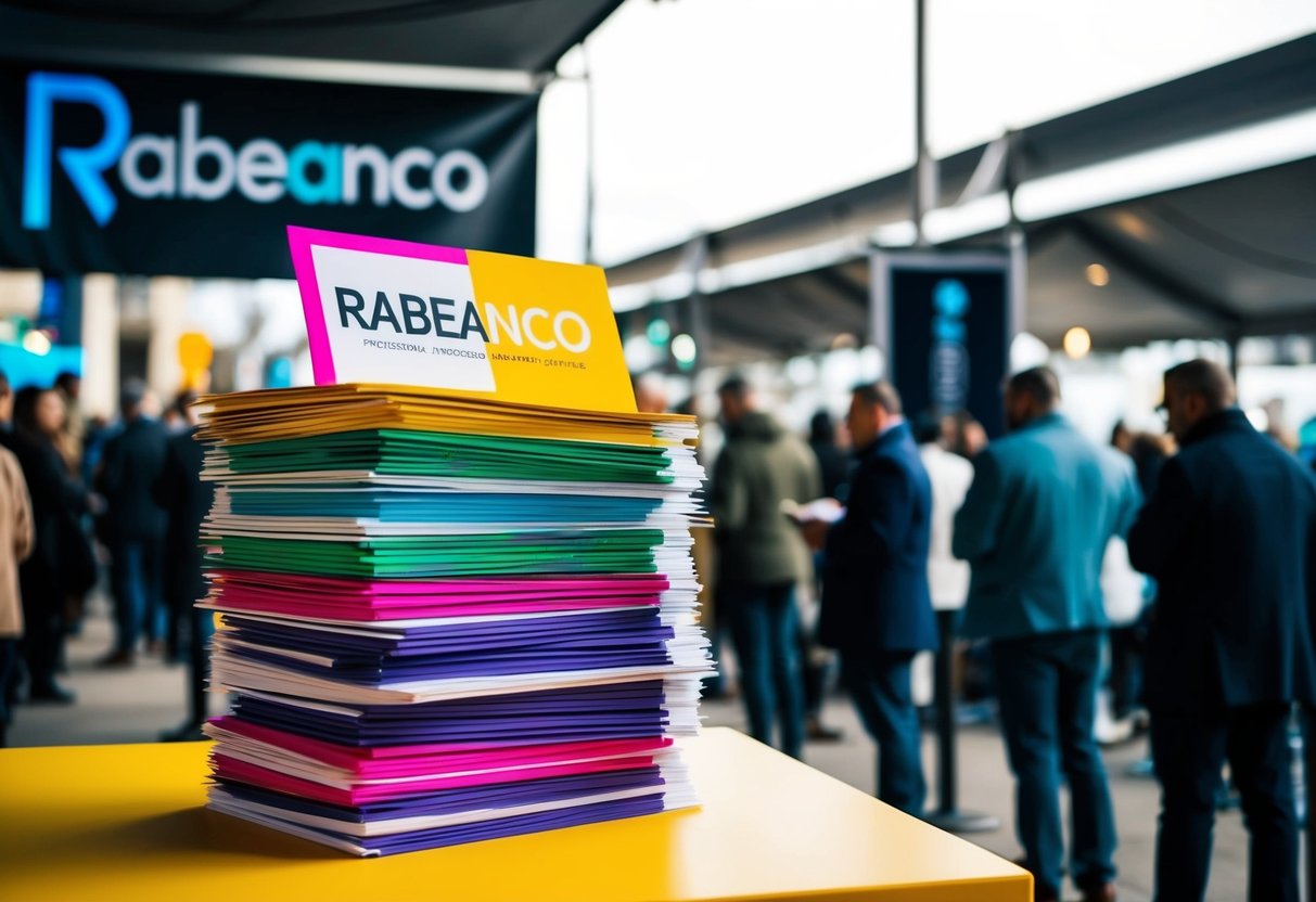A stack of colorful promotional flyers for Rabeanco, with a banner overhead and a line of people waiting nearby