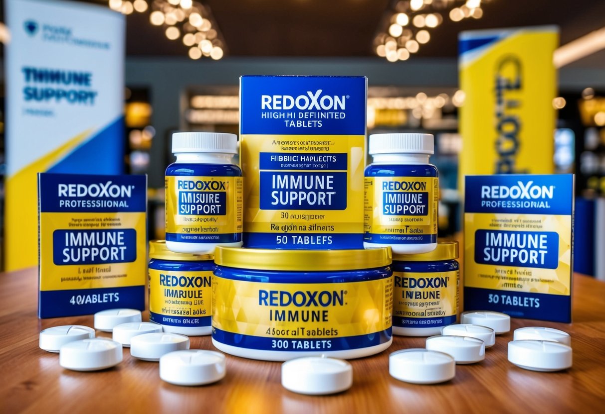 A vibrant display of Redoxon Immune Support tablets surrounded by promotional signage and banners