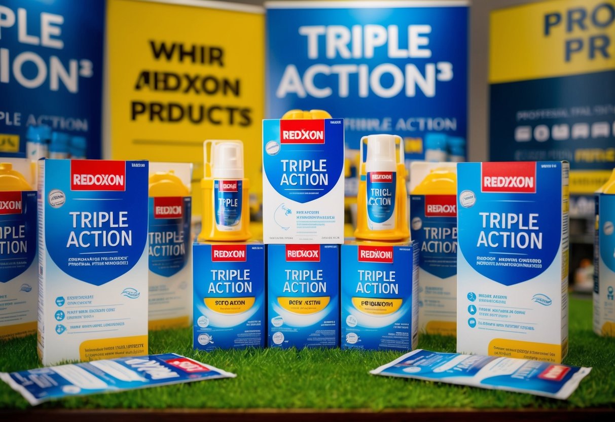 A vibrant display of Redoxon Triple Action products surrounded by promotional signs and banners