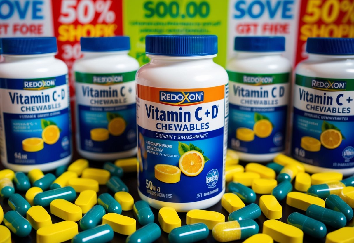 A vibrant display of Redoxon Vitamin C + D Chewables surrounded by promotional banners and discount signs
