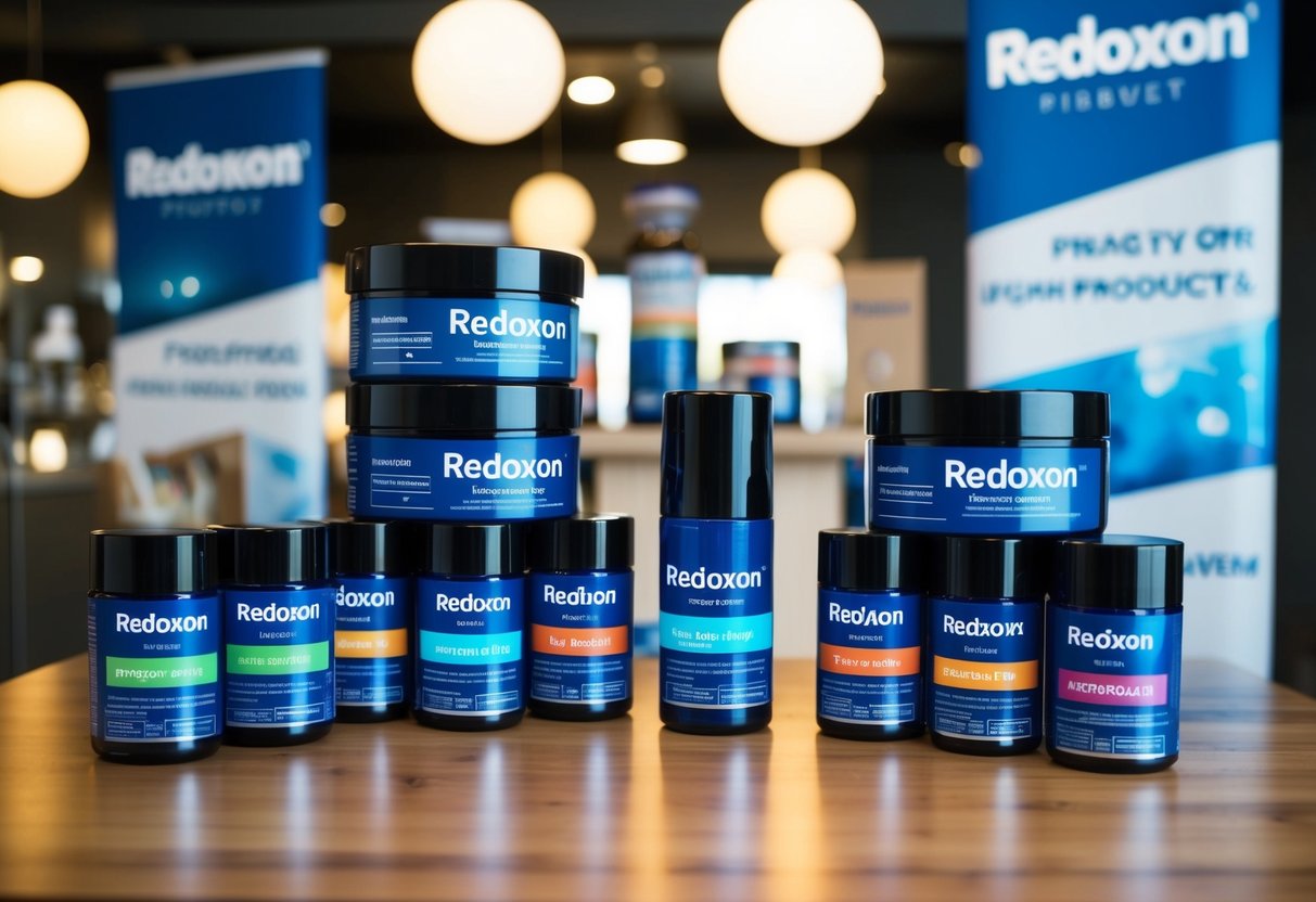 A display of Redoxon products with promotional signage and banners