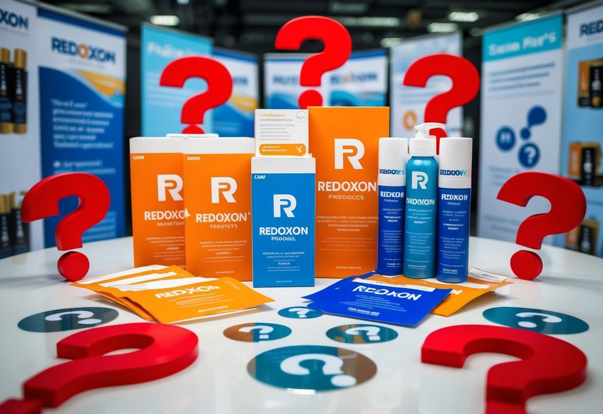 A vibrant display of Redoxon products surrounded by question marks and promotional banners
